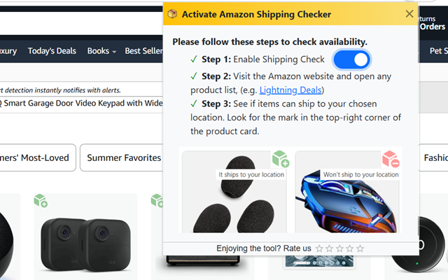 Amazon shipping checker extension interface showing real-time shipping availability
